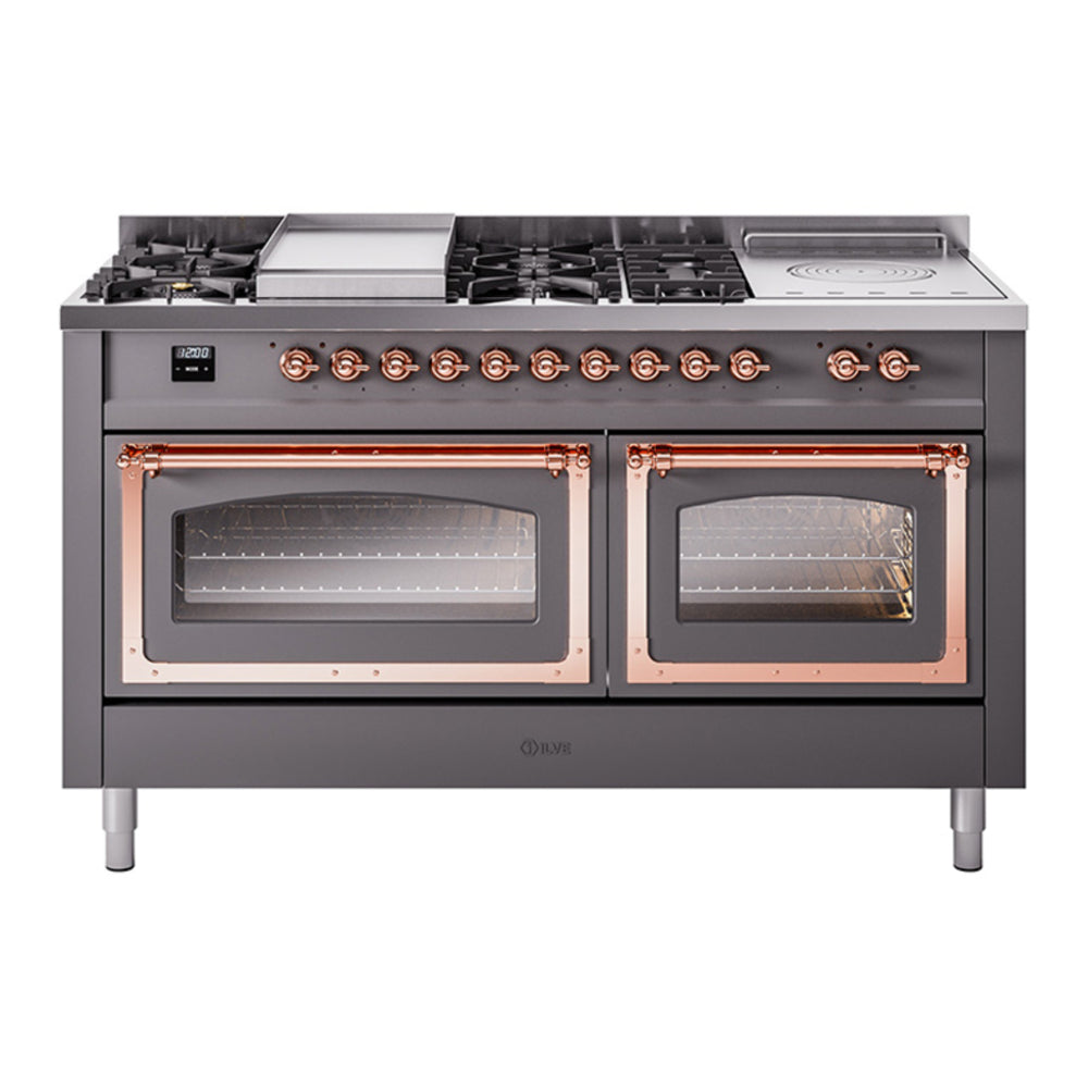 ILVE Nostalgie II Noblesse 60" Graphite Matte Dual Fuel Range with 7 Burners, Griddle and French Top Triple Glass Door Natural Gas