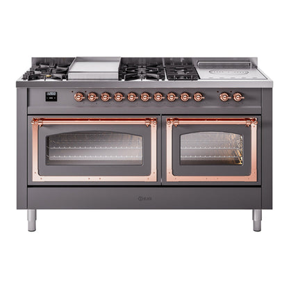 ILVE Nostalgie II Noblesse 60" Graphite Matte Dual Fuel Range with 7 Burners, Griddle and French Top Triple Glass Door Natural Gas