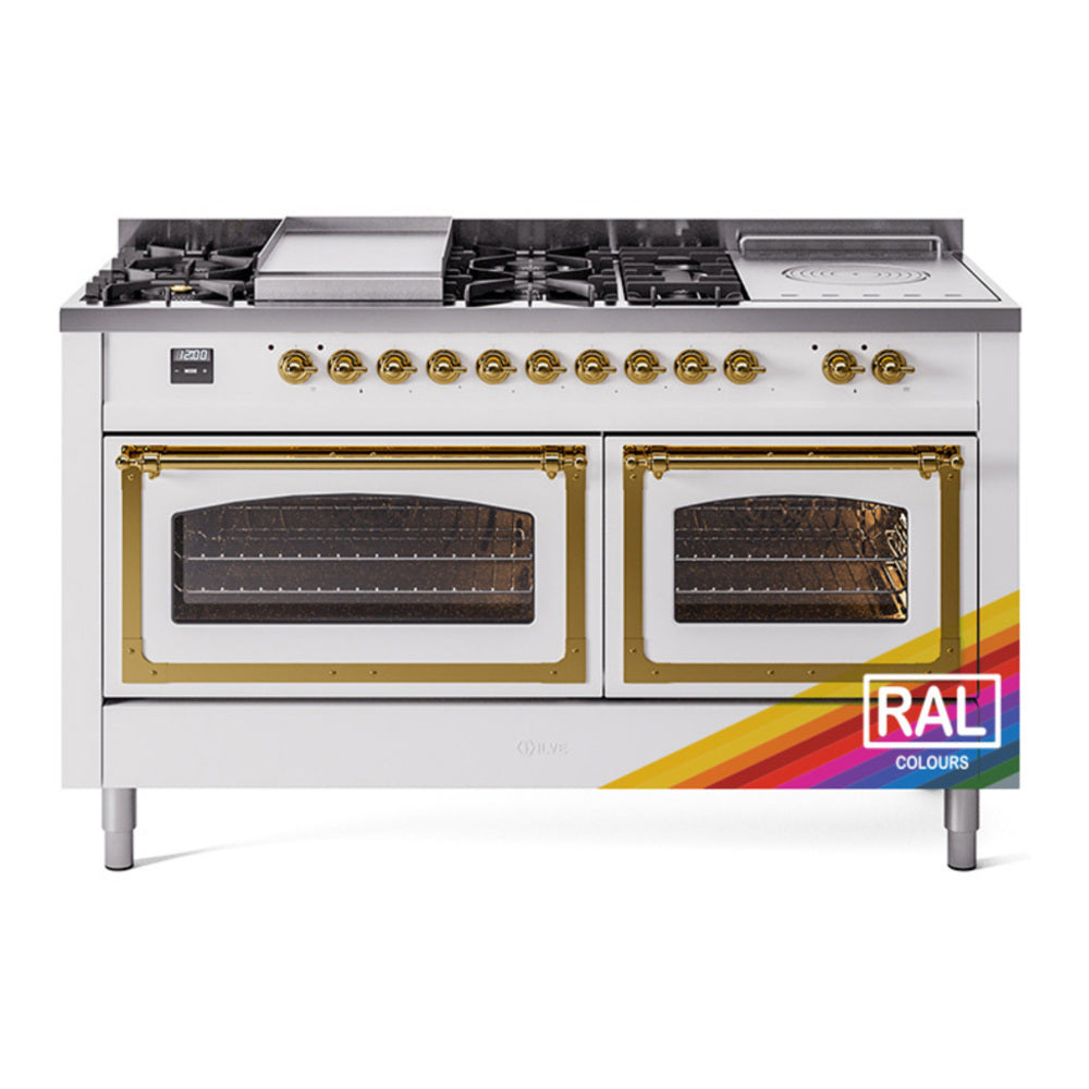 ILVE Nostalgie II Noblesse 60" RAL Dual Fuel Range with 7 Burners, Griddle and French Top Triple Glass Door Natural Gas