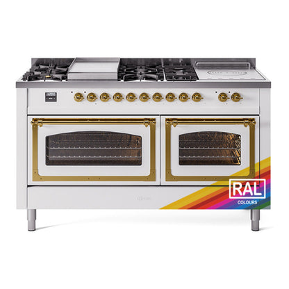 ILVE Nostalgie II Noblesse 60" RAL Dual Fuel Range with 7 Burners, Griddle and French Top Triple Glass Door Natural Gas