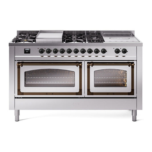 ILVE Nostalgie II Noblesse 60" Stainless Steel Dual Fuel Range with 7 Burners, Griddle and French Top Triple Glass Door Natural Gas