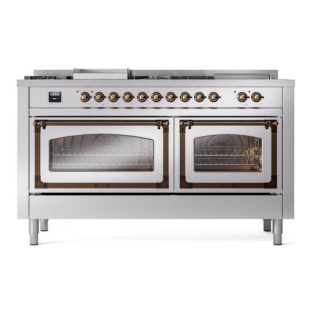 ILVE Nostalgie II Noblesse 60" Stainless Steel Dual Fuel Range with 7 Burners, Griddle and French Top Triple Glass Door Natural Gas
