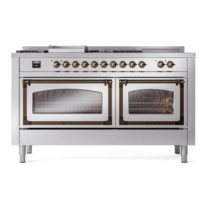 ILVE Nostalgie II Noblesse 60" Stainless Steel Dual Fuel Range with 7 Burners, Griddle and French Top Triple Glass Door Natural Gas