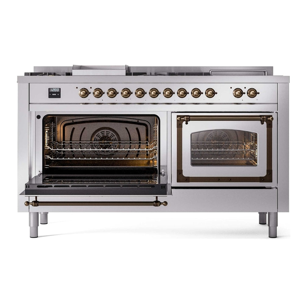 ILVE Nostalgie II Noblesse 60" Stainless Steel Dual Fuel Range with 7 Burners, Griddle and French Top Triple Glass Door Natural Gas