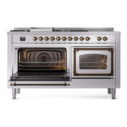 ILVE Nostalgie II Noblesse 60" Stainless Steel Dual Fuel Range with 7 Burners, Griddle and French Top Triple Glass Door Natural Gas