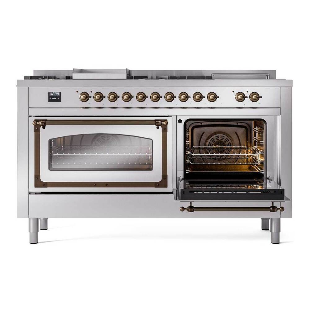 ILVE Nostalgie II Noblesse 60" Stainless Steel Dual Fuel Range with 7 Burners, Griddle and French Top Triple Glass Door Natural Gas