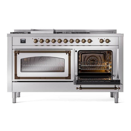 ILVE Nostalgie II Noblesse 60" Stainless Steel Dual Fuel Range with 7 Burners, Griddle and French Top Triple Glass Door Natural Gas