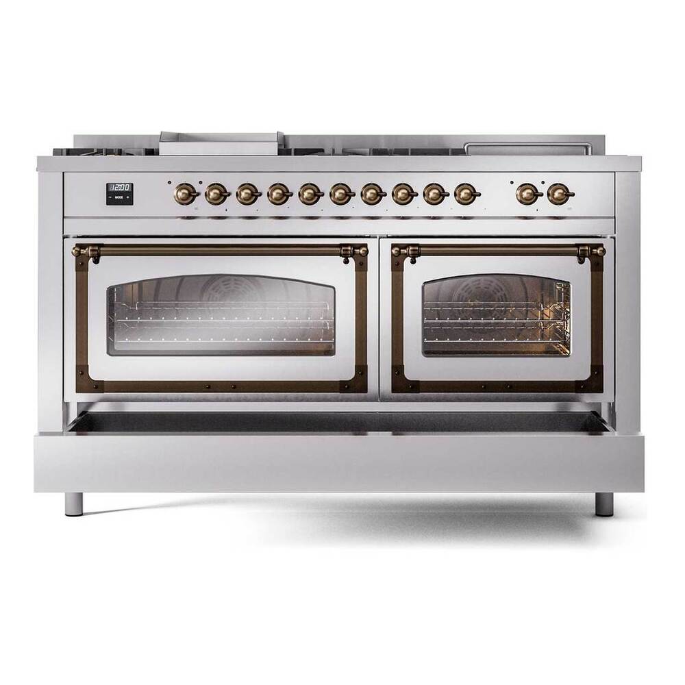 ILVE Nostalgie II Noblesse 60" Stainless Steel Dual Fuel Range with 7 Burners, Griddle and French Top Triple Glass Door Natural Gas