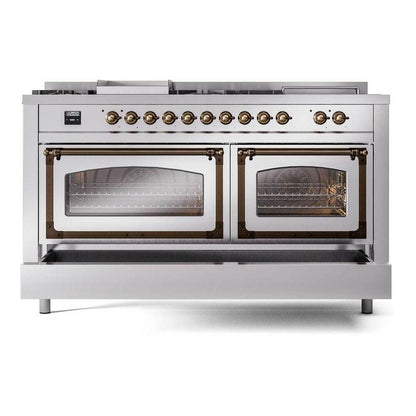ILVE Nostalgie II Noblesse 60" Stainless Steel Dual Fuel Range with 7 Burners, Griddle and French Top Triple Glass Door Natural Gas