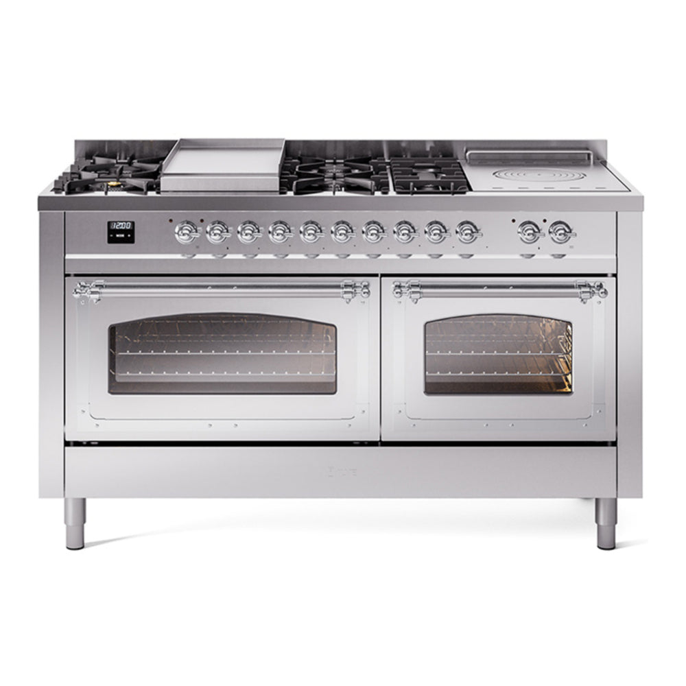 ILVE Nostalgie II Noblesse 60" Stainless Steel Dual Fuel Range with 7 Burners, Griddle and French Top Triple Glass Door Natural Gas