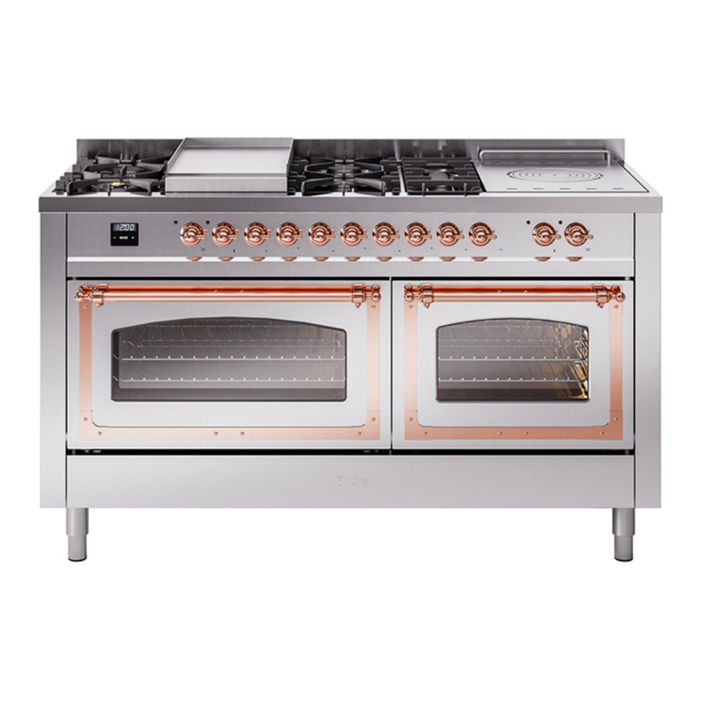 ILVE Nostalgie II Noblesse 60" Stainless Steel Dual Fuel Range with 7 Burners, Griddle and French Top Triple Glass Door Natural Gas