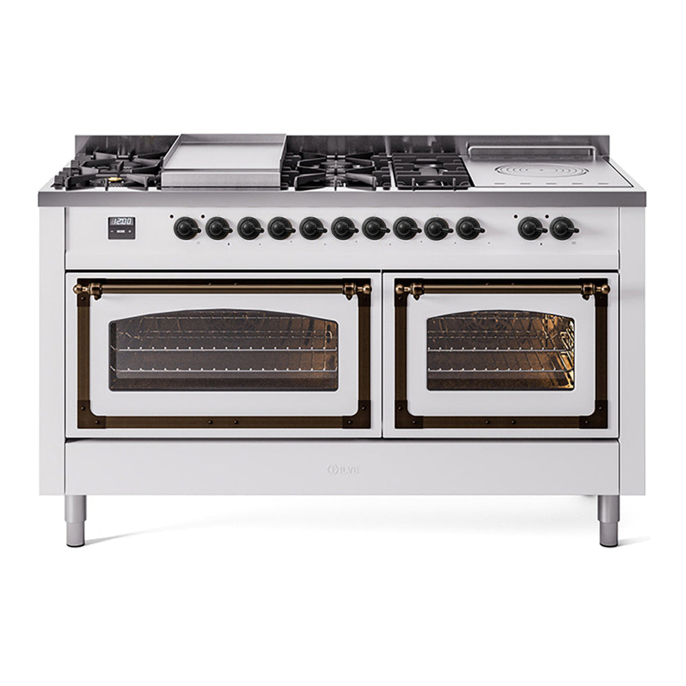 ILVE Nostalgie II Noblesse 60" White Dual Fuel Range with 7 Burners, Griddle and French Top Triple Glass Door Natural Gas