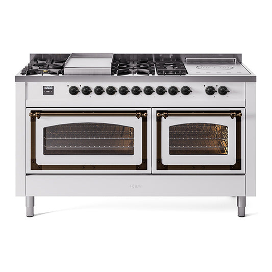 ILVE Nostalgie II Noblesse 60" White Dual Fuel Range with 7 Burners, Griddle and French Top Triple Glass Door Natural Gas