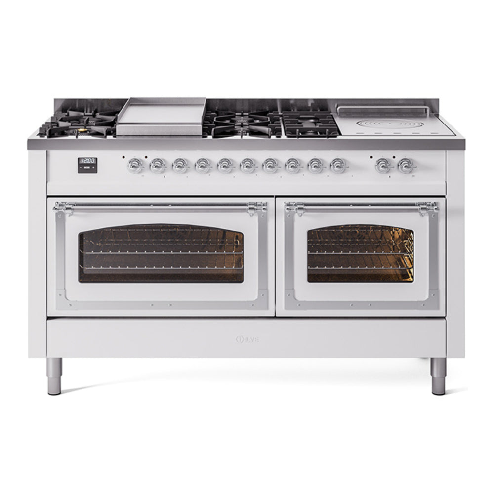 ILVE Nostalgie II Noblesse 60" White Dual Fuel Range with 7 Burners, Griddle and French Top Triple Glass Door Natural Gas