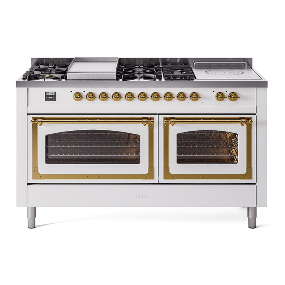 ILVE Nostalgie II Noblesse 60" White Dual Fuel Range with 7 Burners, Griddle and French Top Triple Glass Door Natural Gas