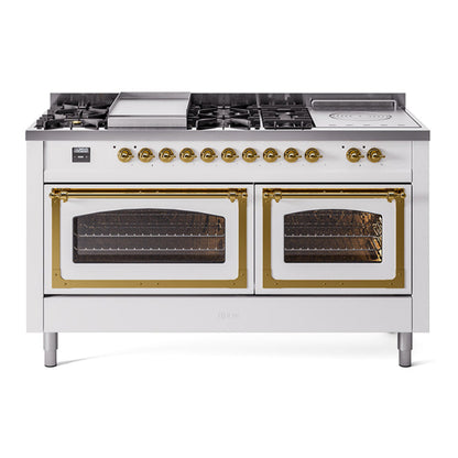 ILVE Nostalgie II Noblesse 60" White Dual Fuel Range with 7 Burners, Griddle and French Top Triple Glass Door Natural Gas