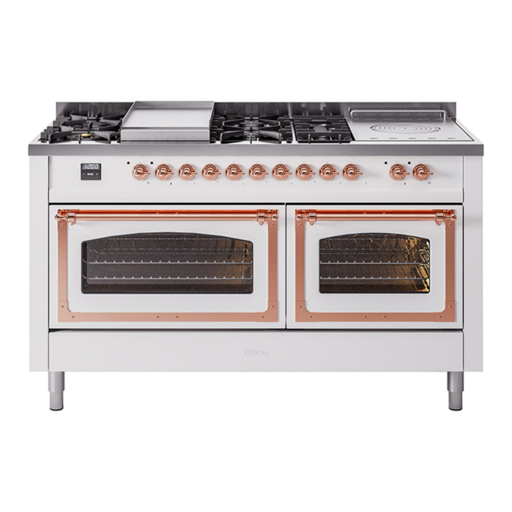 ILVE Nostalgie II Noblesse 60" White Dual Fuel Range with 7 Burners, Griddle and French Top Triple Glass Door Natural Gas