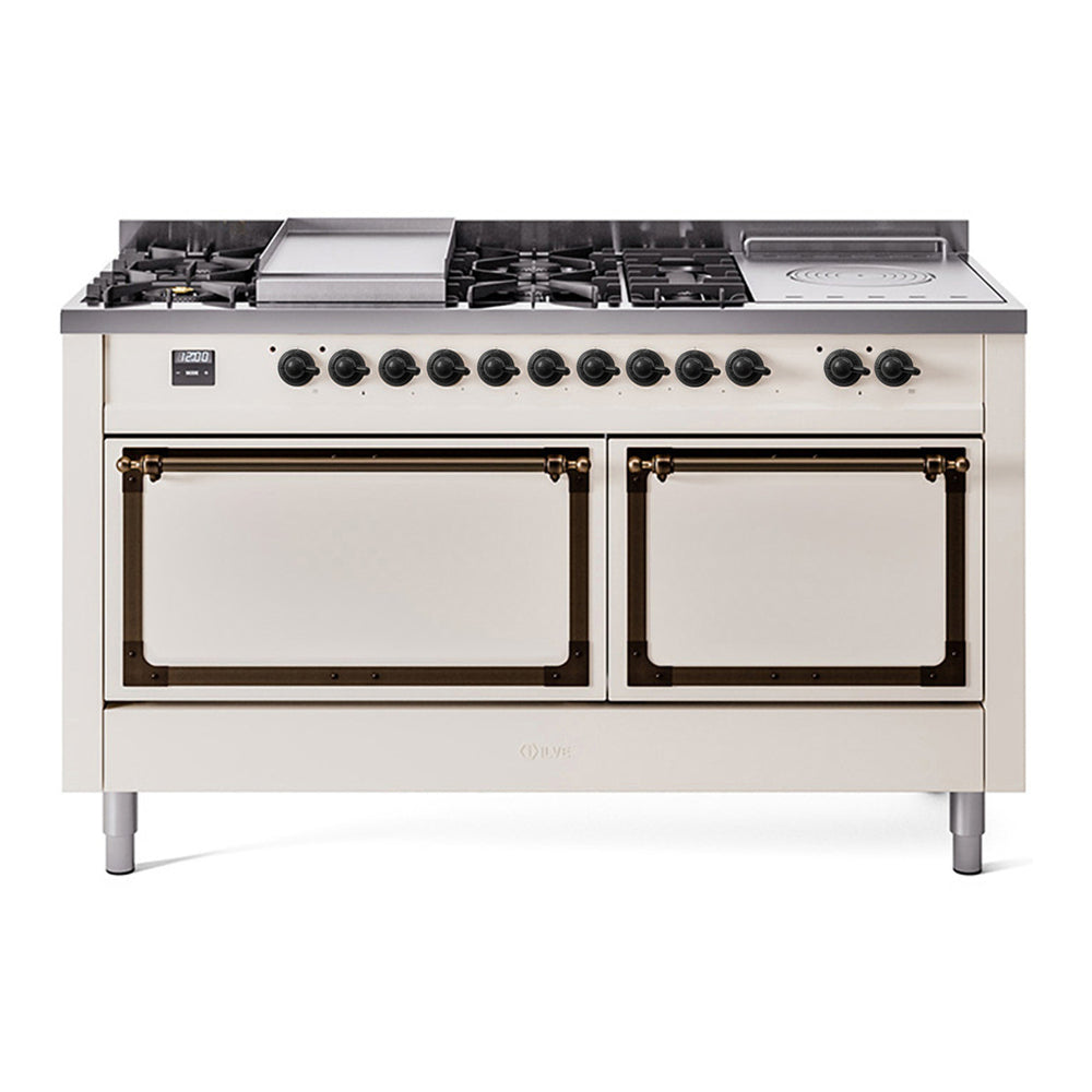 ILVE Nostalgie II Noblesse 60" Antique White Dual Fuel Range with 7 Burners, Griddle and French Top Solid Door Natural Gas