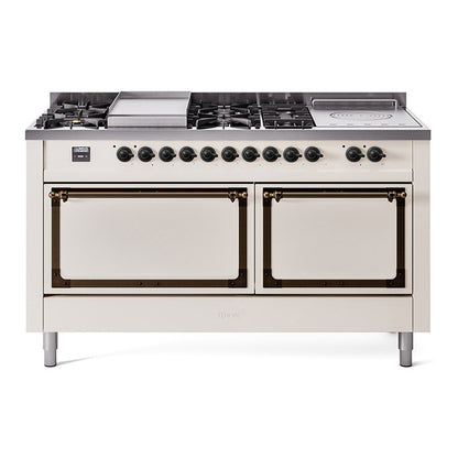 ILVE Nostalgie II Noblesse 60" Antique White Dual Fuel Range with 7 Burners, Griddle and French Top Solid Door Natural Gas