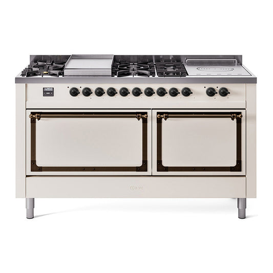 ILVE Nostalgie II Noblesse 60" Antique White Dual Fuel Range with 7 Burners, Griddle and French Top Solid Door Natural Gas