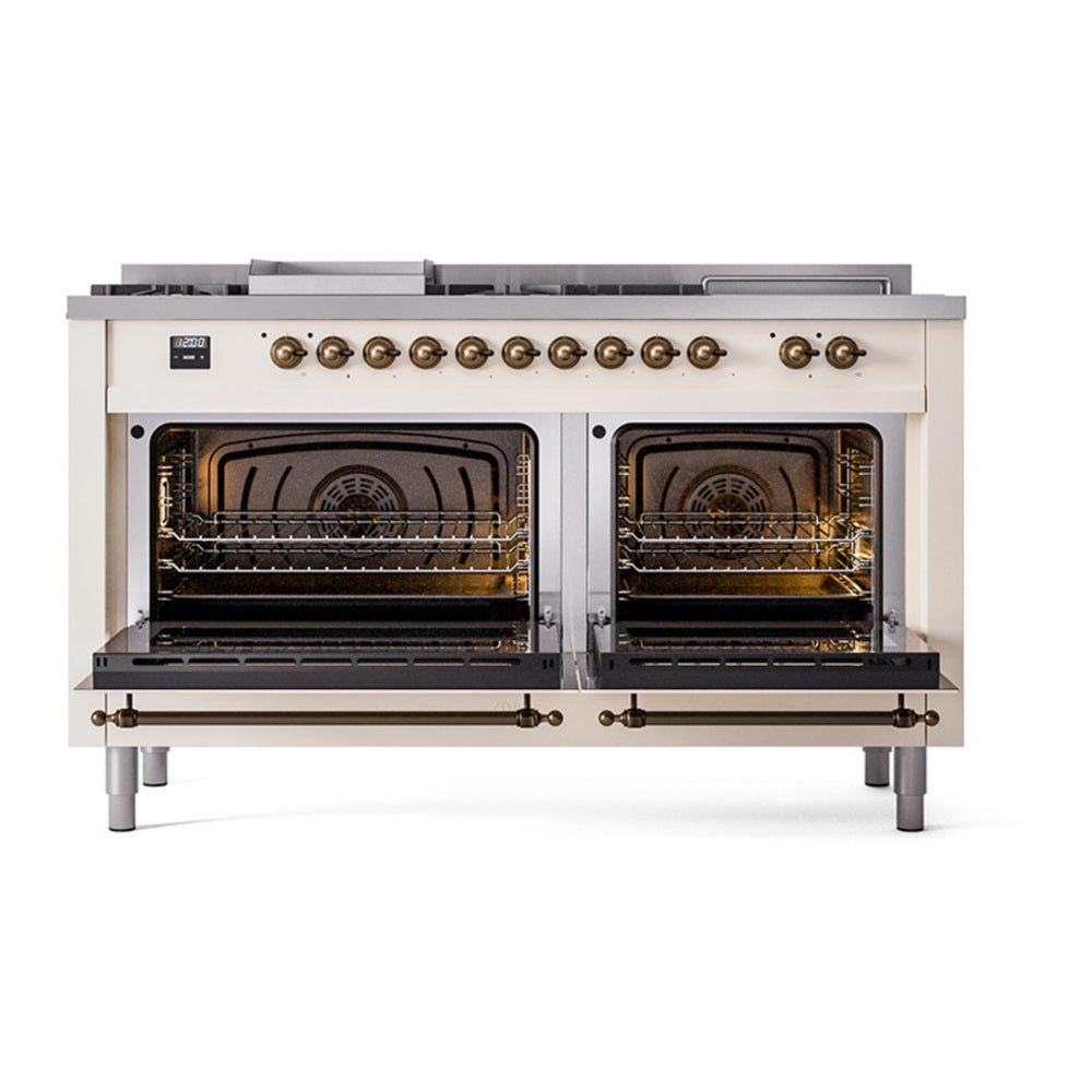 ILVE Nostalgie II Noblesse 60" Antique White Dual Fuel Range with 7 Burners, Griddle and French Top Solid Door Natural Gas