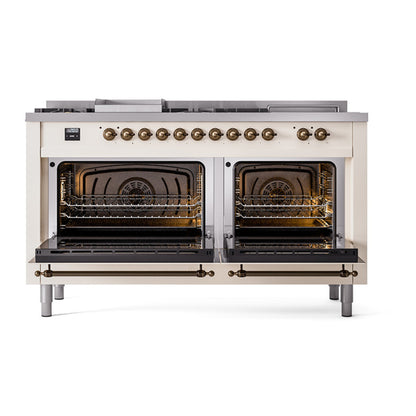 ILVE Nostalgie II Noblesse 60" Antique White Dual Fuel Range with 7 Burners, Griddle and French Top Solid Door Natural Gas