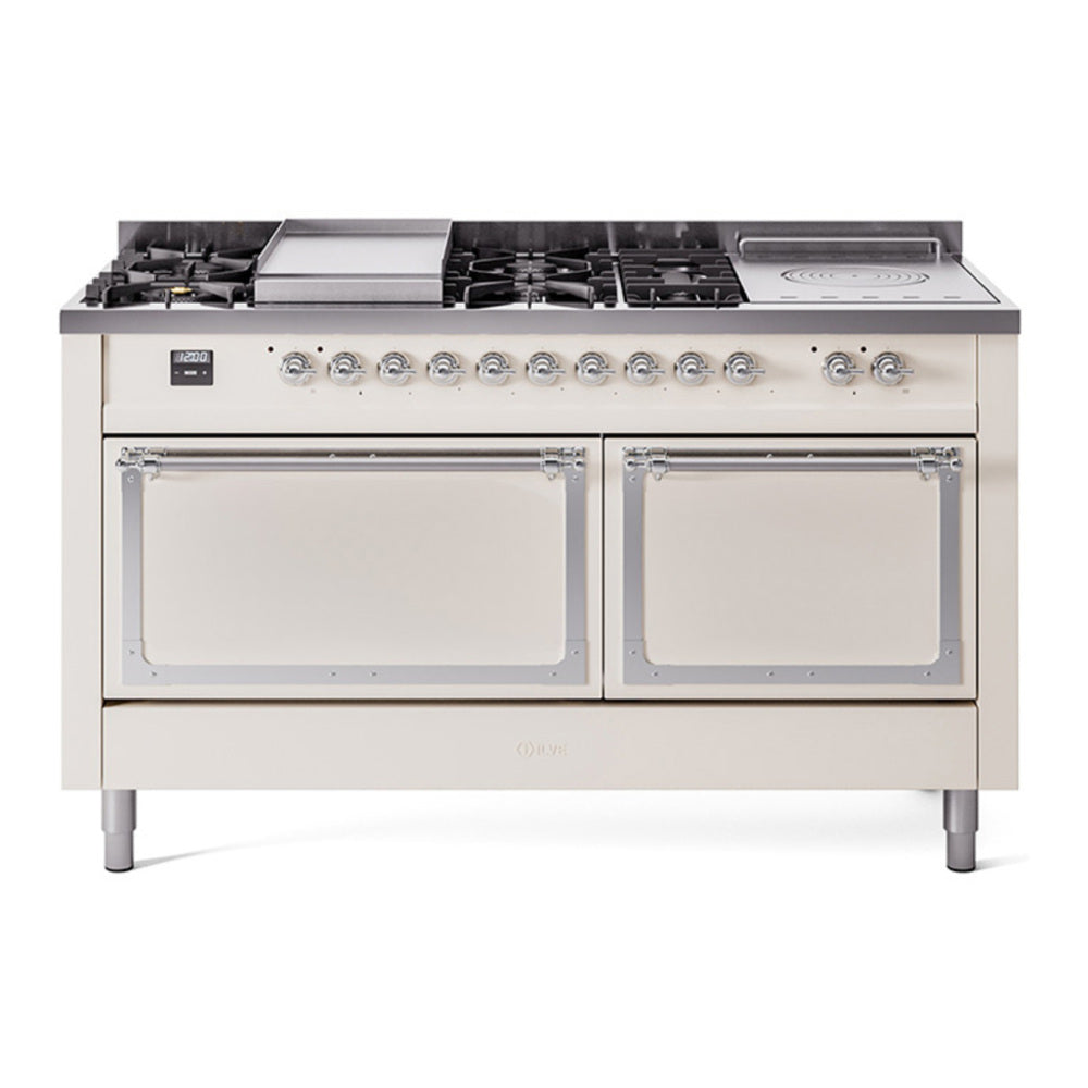 ILVE Nostalgie II Noblesse 60" Antique White Dual Fuel Range with 7 Burners, Griddle and French Top Solid Door Natural Gas