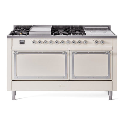 ILVE Nostalgie II Noblesse 60" Antique White Dual Fuel Range with 7 Burners, Griddle and French Top Solid Door Natural Gas