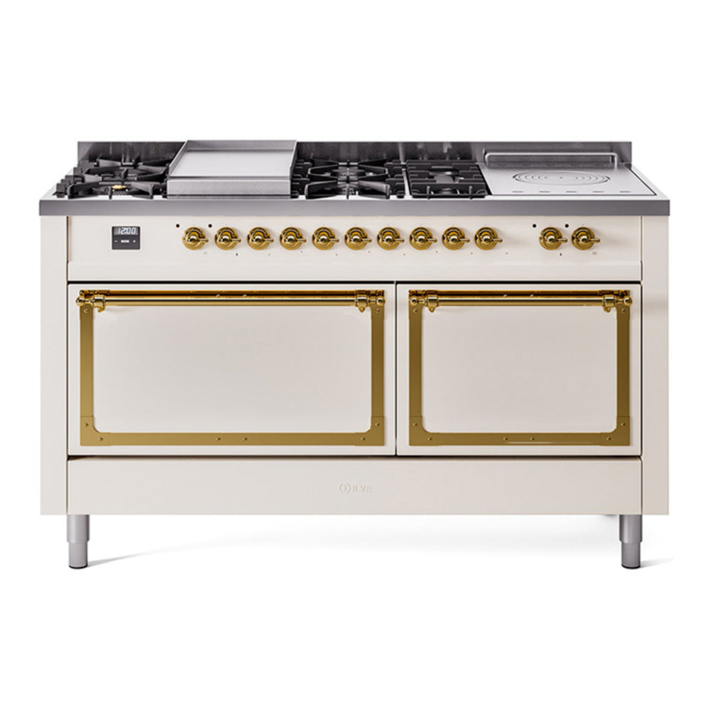 ILVE Nostalgie II Noblesse 60" Antique White Dual Fuel Range with 7 Burners, Griddle and French Top Solid Door Natural Gas
