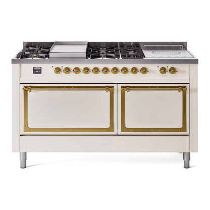 ILVE Nostalgie II Noblesse 60" Antique White Dual Fuel Range with 7 Burners, Griddle and French Top Solid Door Natural Gas