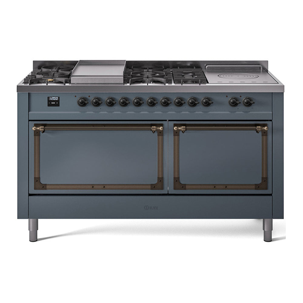 ILVE Nostalgie II Noblesse 60" Blue Grey Dual Fuel Range with 7 Burners, Griddle and French Top Solid Door Natural Gas