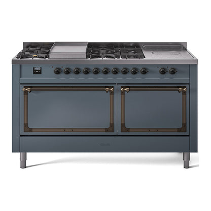 ILVE Nostalgie II Noblesse 60" Blue Grey Dual Fuel Range with 7 Burners, Griddle and French Top Solid Door Natural Gas