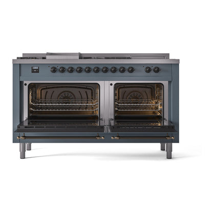 ILVE Nostalgie II Noblesse 60" Blue Grey Dual Fuel Range with 7 Burners, Griddle and French Top Solid Door Natural Gas