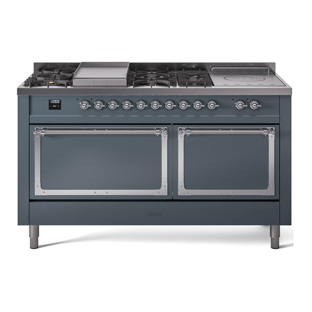 ILVE Nostalgie II Noblesse 60" Blue Grey Dual Fuel Range with 7 Burners, Griddle and French Top Solid Door Natural Gas