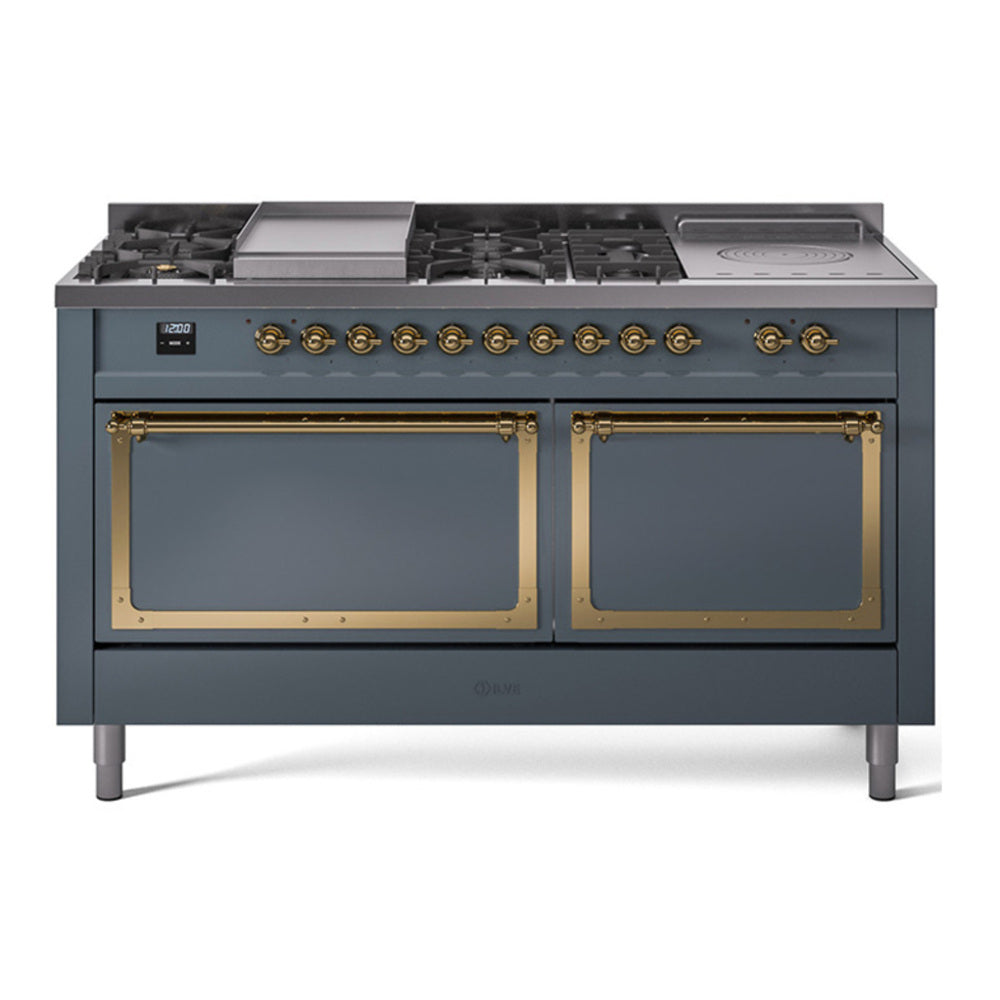 ILVE Nostalgie II Noblesse 60" Blue Grey Dual Fuel Range with 7 Burners, Griddle and French Top Solid Door Natural Gas
