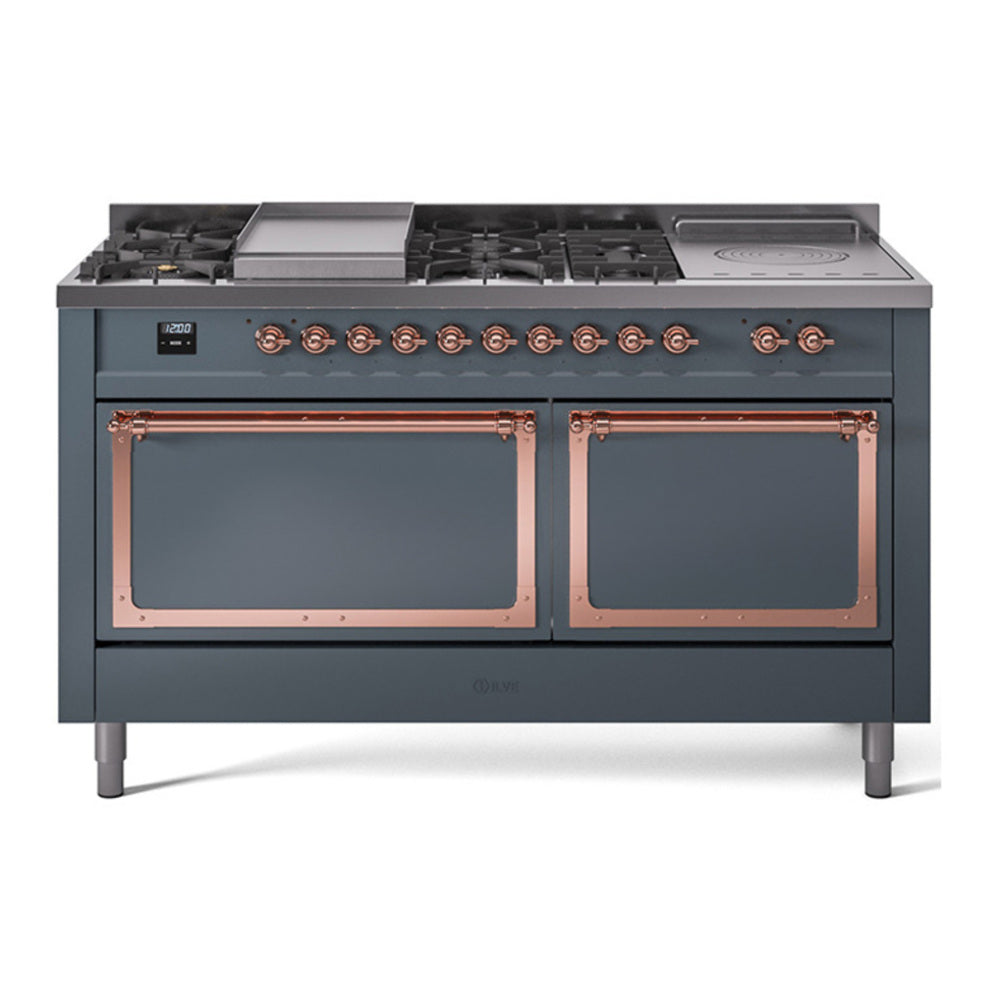 ILVE Nostalgie II Noblesse 60" Blue Grey Dual Fuel Range with 7 Burners, Griddle and French Top Solid Door Natural Gas