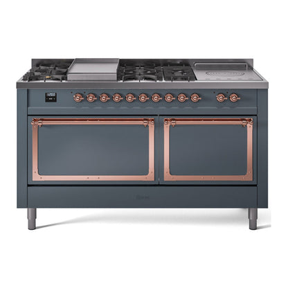 ILVE Nostalgie II Noblesse 60" Blue Grey Dual Fuel Range with 7 Burners, Griddle and French Top Solid Door Natural Gas
