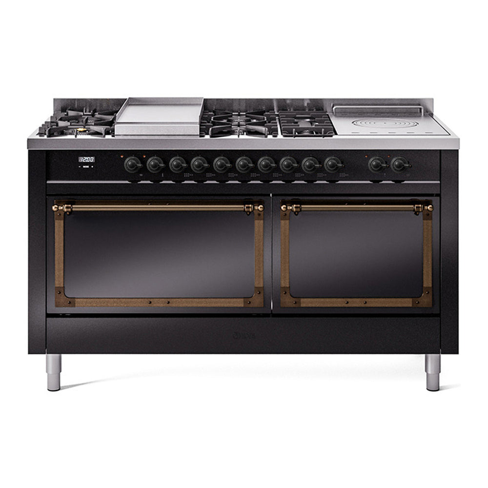 ILVE Nostalgie II Noblesse 60" Glossy Black Dual Fuel Range with 7 Burners, Griddle and French Top Solid Door Natural Gas