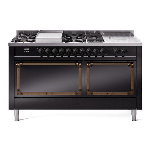 ILVE Nostalgie II Noblesse 60" Glossy Black Dual Fuel Range with 7 Burners, Griddle and French Top Solid Door Natural Gas