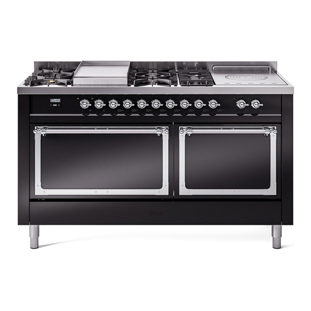 ILVE Nostalgie II Noblesse 60" Glossy Black Dual Fuel Range with 7 Burners, Griddle and French Top Solid Door Natural Gas