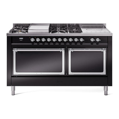 ILVE Nostalgie II Noblesse 60" Glossy Black Dual Fuel Range with 7 Burners, Griddle and French Top Solid Door Natural Gas