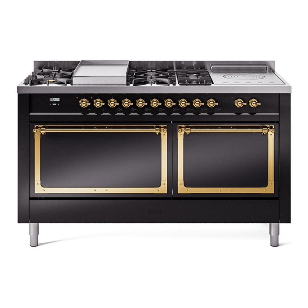 ILVE Nostalgie II Noblesse 60" Glossy Black Dual Fuel Range with 7 Burners, Griddle and French Top Solid Door Natural Gas