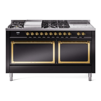 ILVE Nostalgie II Noblesse 60" Glossy Black Dual Fuel Range with 7 Burners, Griddle and French Top Solid Door Natural Gas