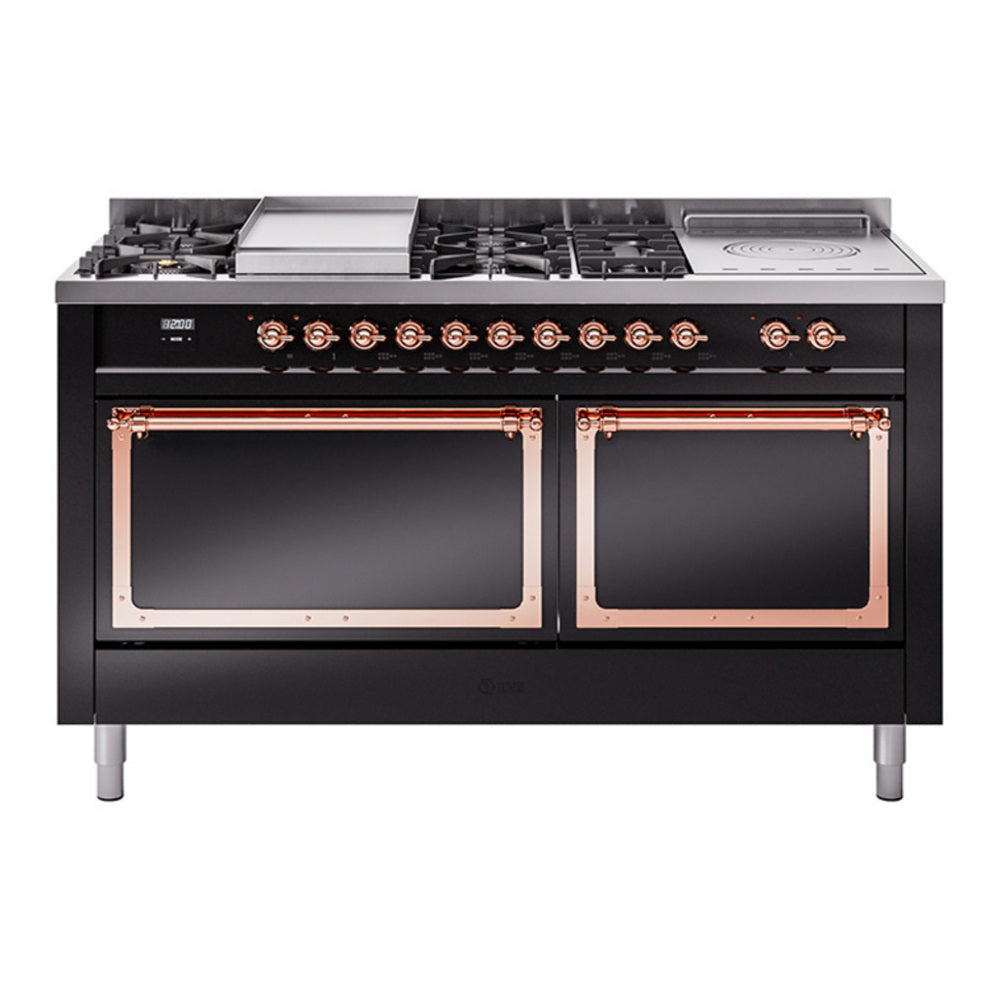 ILVE Nostalgie II Noblesse 60" Glossy Black Dual Fuel Range with 7 Burners, Griddle and French Top Solid Door Natural Gas