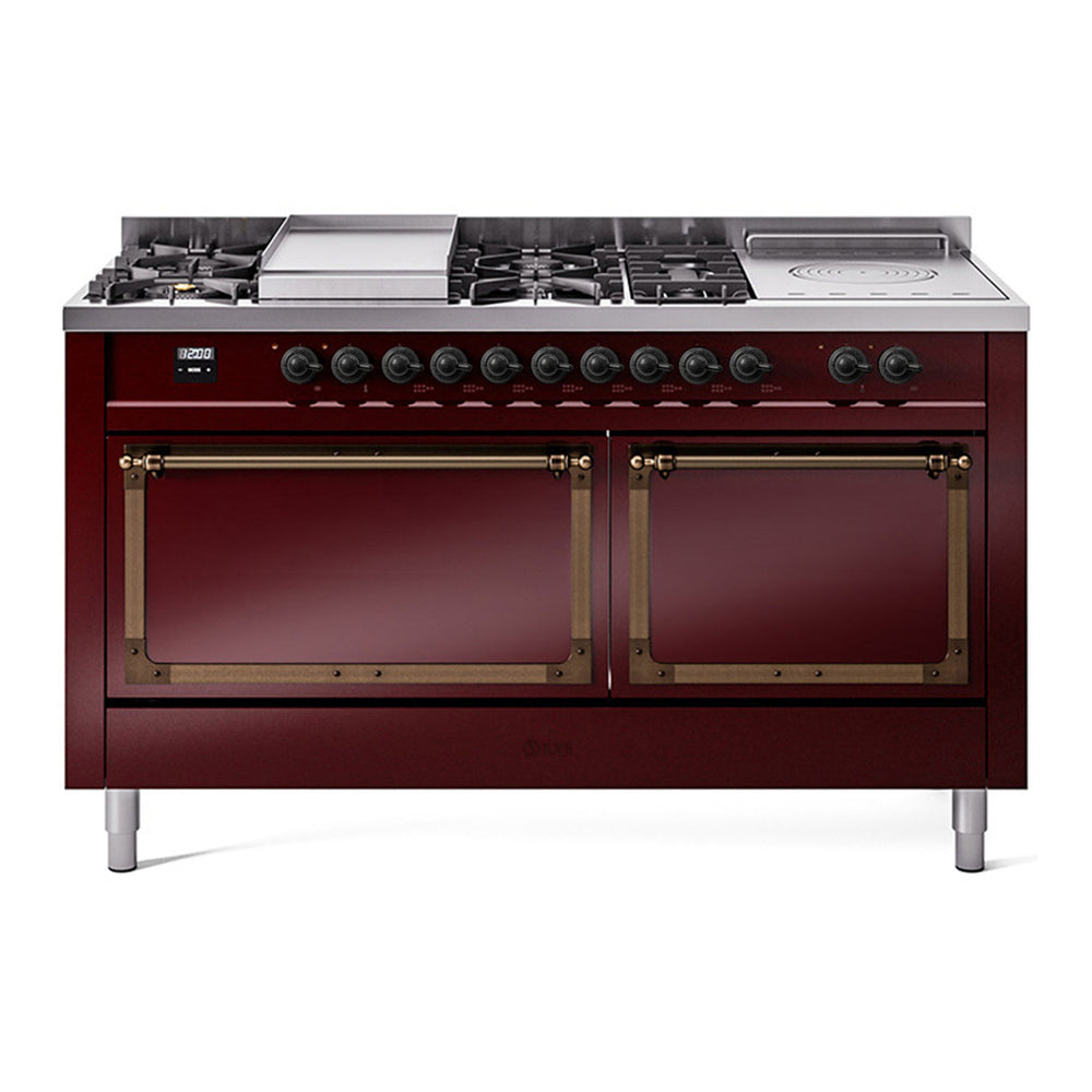 ILVE Nostalgie II Noblesse 60" Burgundy Dual Fuel Range with 7 Burners, Griddle and French Top Solid Door Natural Gas