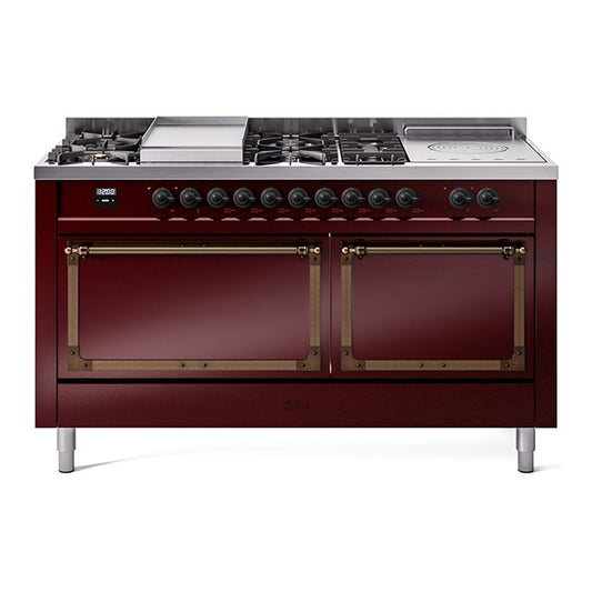 ILVE Nostalgie II Noblesse 60" Burgundy Dual Fuel Range with 7 Burners, Griddle and French Top Solid Door Natural Gas