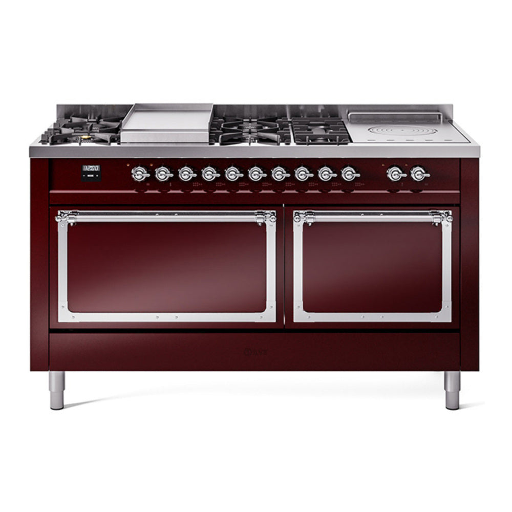 ILVE Nostalgie II Noblesse 60" Burgundy Dual Fuel Range with 7 Burners, Griddle and French Top Solid Door Natural Gas