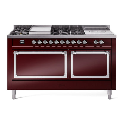 ILVE Nostalgie II Noblesse 60" Burgundy Dual Fuel Range with 7 Burners, Griddle and French Top Solid Door Natural Gas