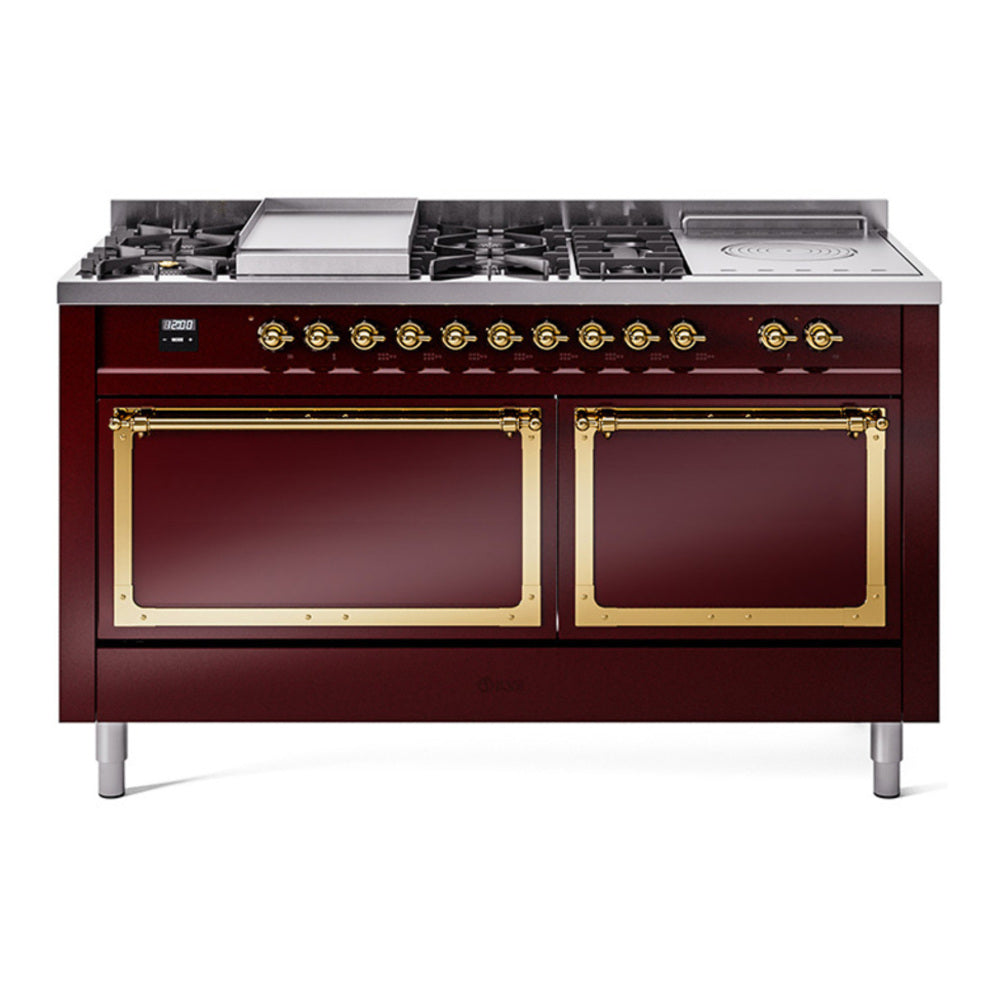 ILVE Nostalgie II Noblesse 60" Burgundy Dual Fuel Range with 7 Burners, Griddle and French Top Solid Door Natural Gas