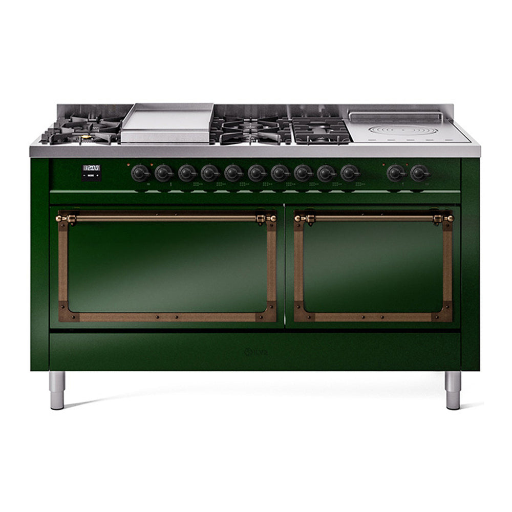 ILVE Nostalgie II Noblesse 60" Emerald Green Dual Fuel Range with 7 Burners, Griddle and French Top Solid Door Natural Gas